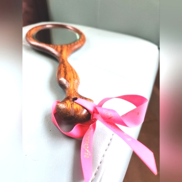 Prairie BEVELED Rich Brown Tiger Wood Oval Handle OOAK Carved Flower Hand Mirror - Picture 11 of 16